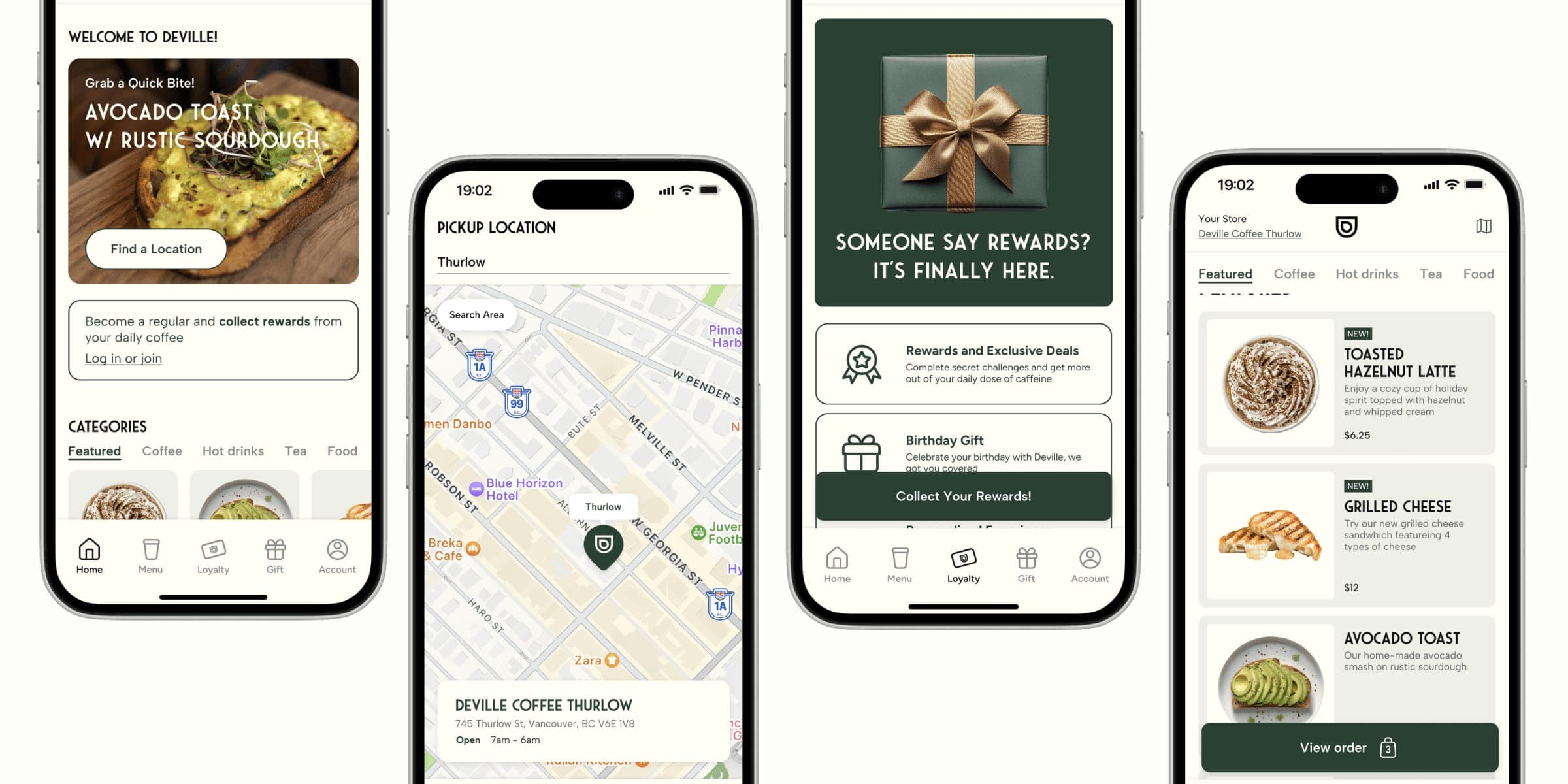Four screens from the Deville Coffee app: home, pickup location, rewards and the menu