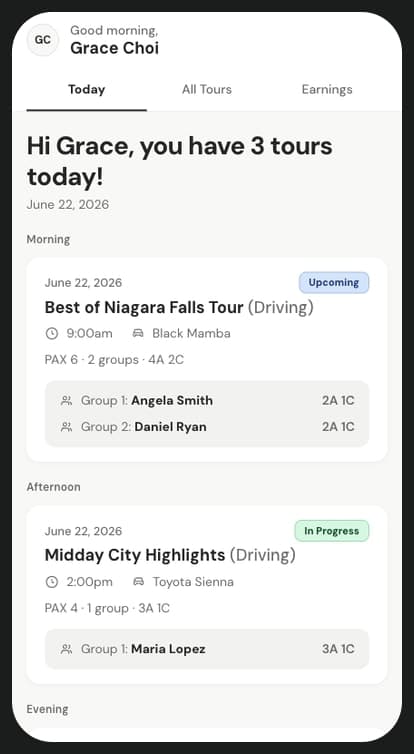 The final Today card with three tours listed by time of day
