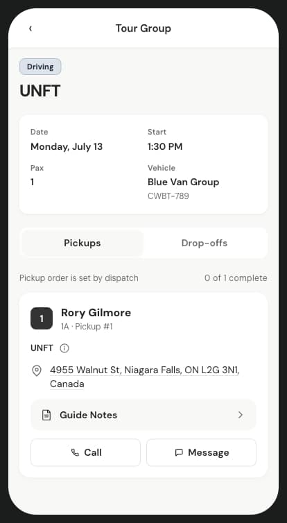 Tour group detail: date, pax, vehicle, and the pickup list