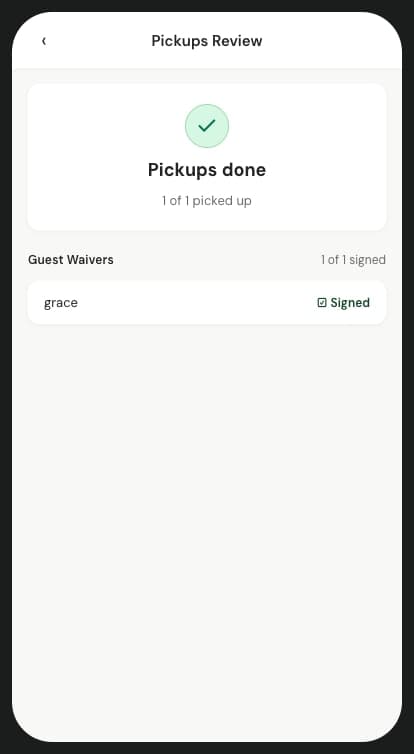 Pickups Review and Resolve, showing guest waivers signed