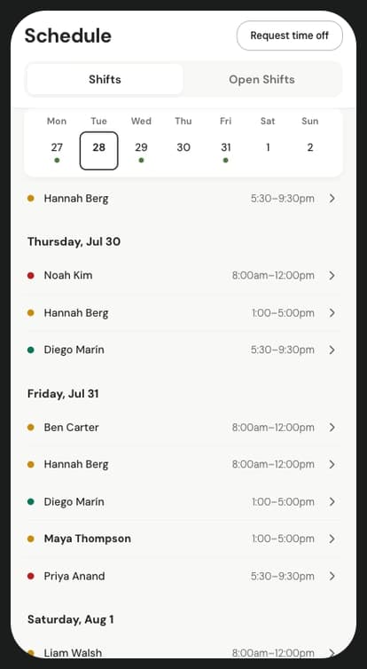 The final schedule layout with shifts listed by day